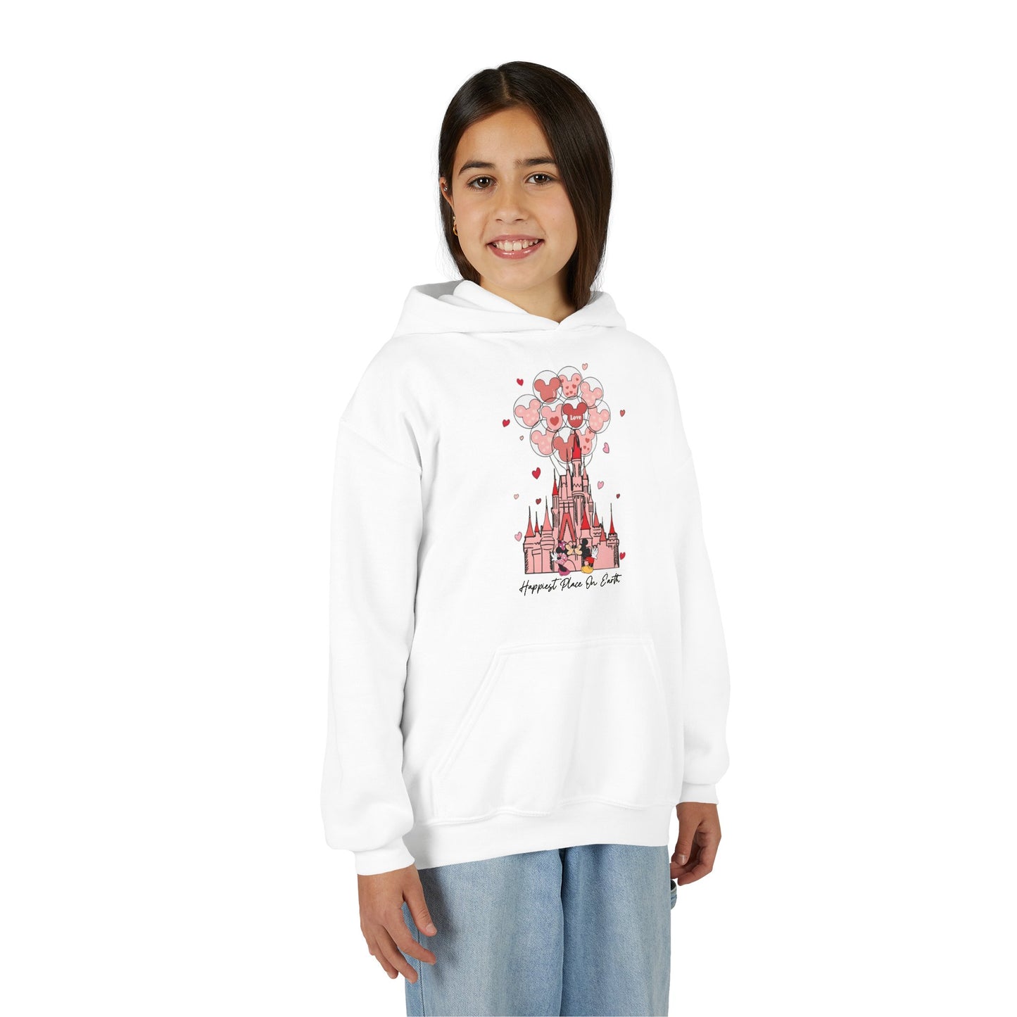 Youth Hoodie — Pink Castle with Heart Balloons Valentine Graphic