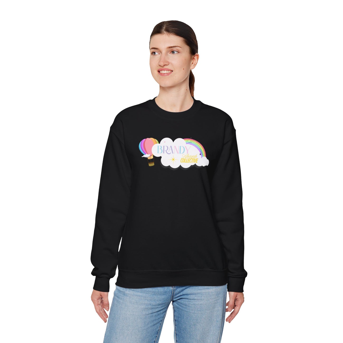 Crewneck Sweatshirt — Brandy Cloud & Rainbow Hot Air Balloon Graphic