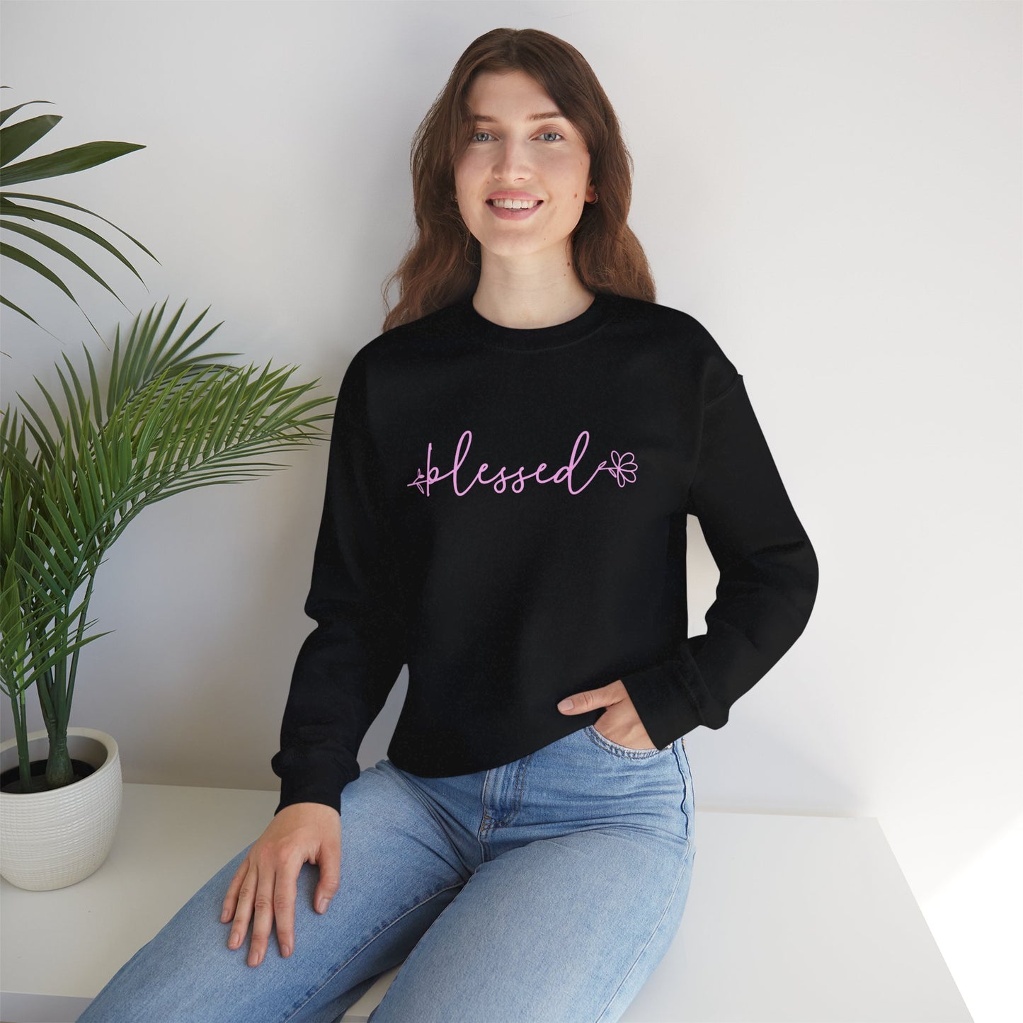 Blessed Crewneck Sweatshirt — Pink Script Cozy Pullover