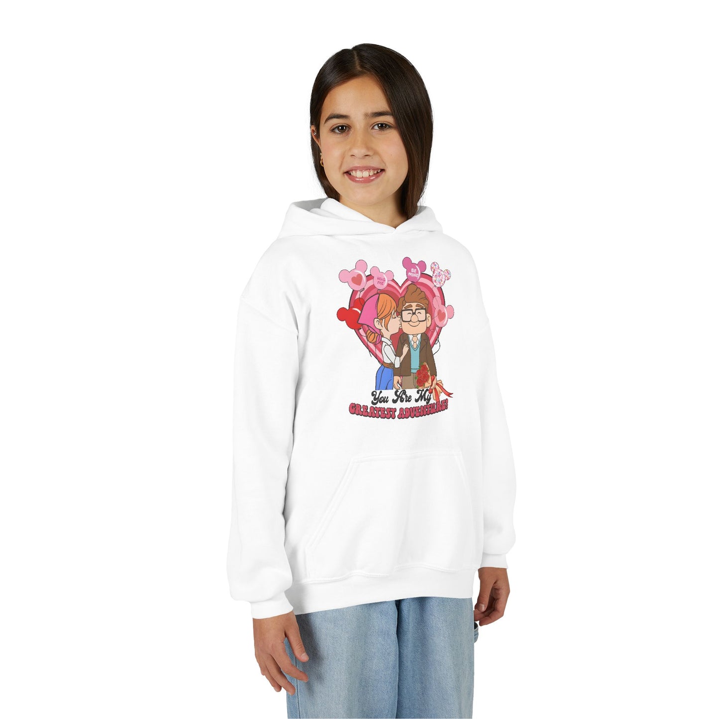 Youth Hoodie — "You Are My Greatest Adventure" Cartoon Valentine Hoodie
