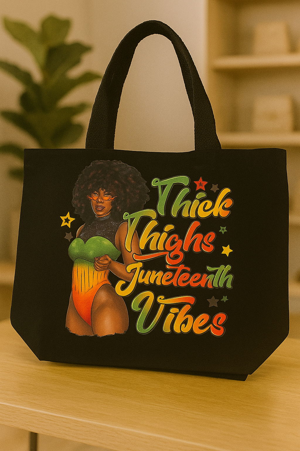 THICK THIGHS AND JUNETEENTH VIBES - BLK TOTE BAG - MED