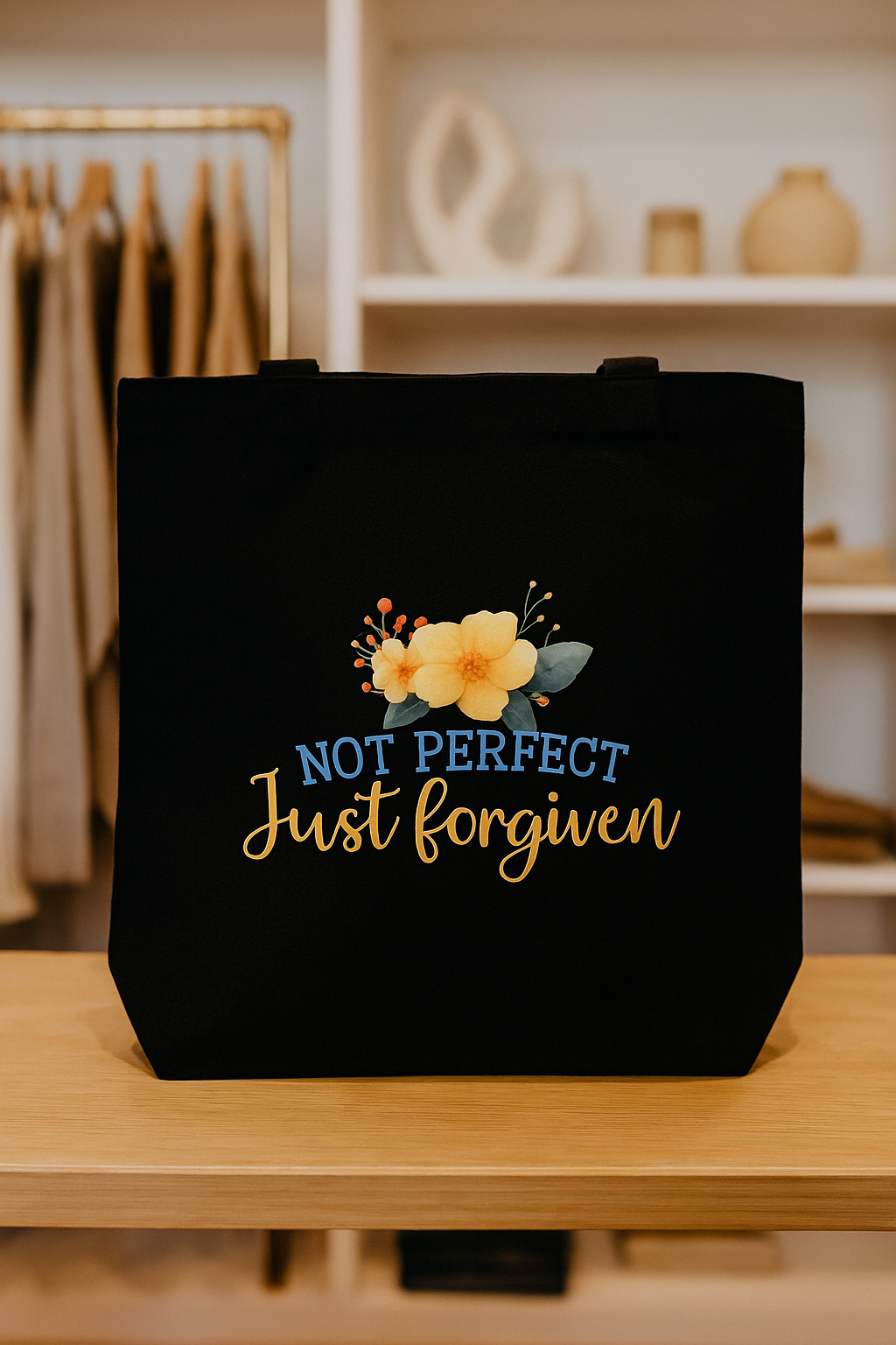 NOT PERFECT, JUST FORGIVEN BLK TOTE BAG -LG