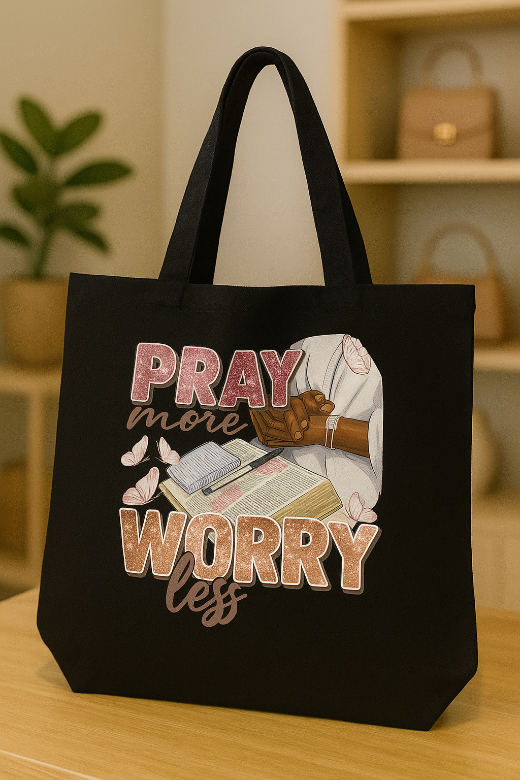PRAY MORE WORRY LESS - BLK TOTE BAG - LG