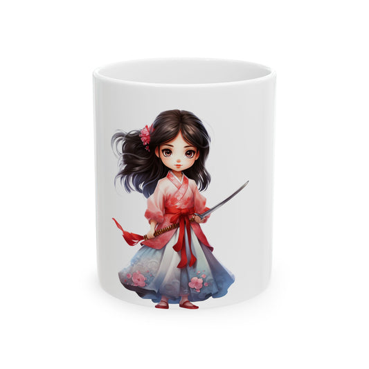 Anime Swordgirl Ceramic Mug — Cute Chibi Samurai Coffee Cup (11oz & 15oz)