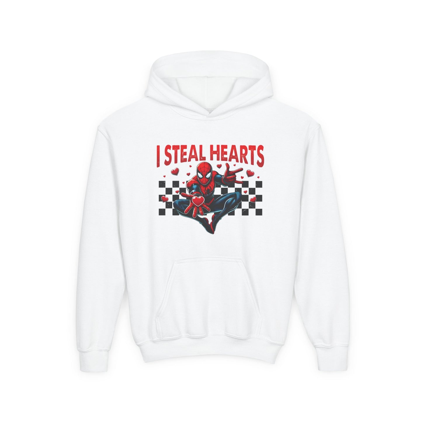 Youth Hoodie — "I Steal Hearts" Red Masked Character Graphic