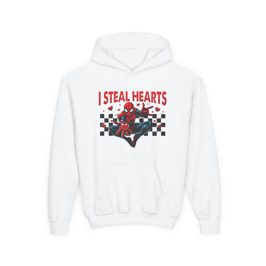 Youth Hoodie — "I Steal Hearts" Red Masked Character Graphic