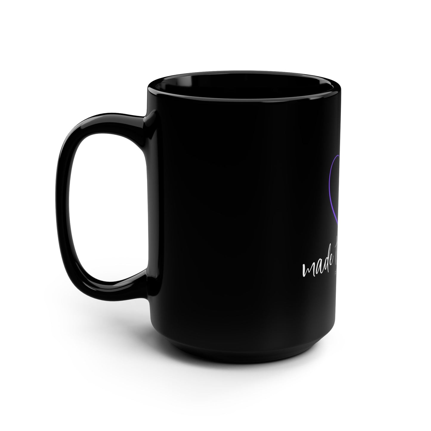 Made to Worship Black 15oz Mug — Psalm 95:1 Christian Coffee Cup (Purple Heart Cross)