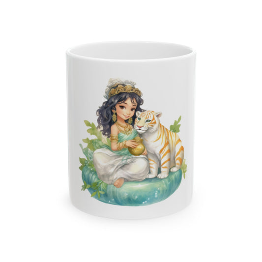 Goddess and White Tiger Ceramic Mug (11oz, 15oz) — Cute Mythical Illustration Coffee Cup