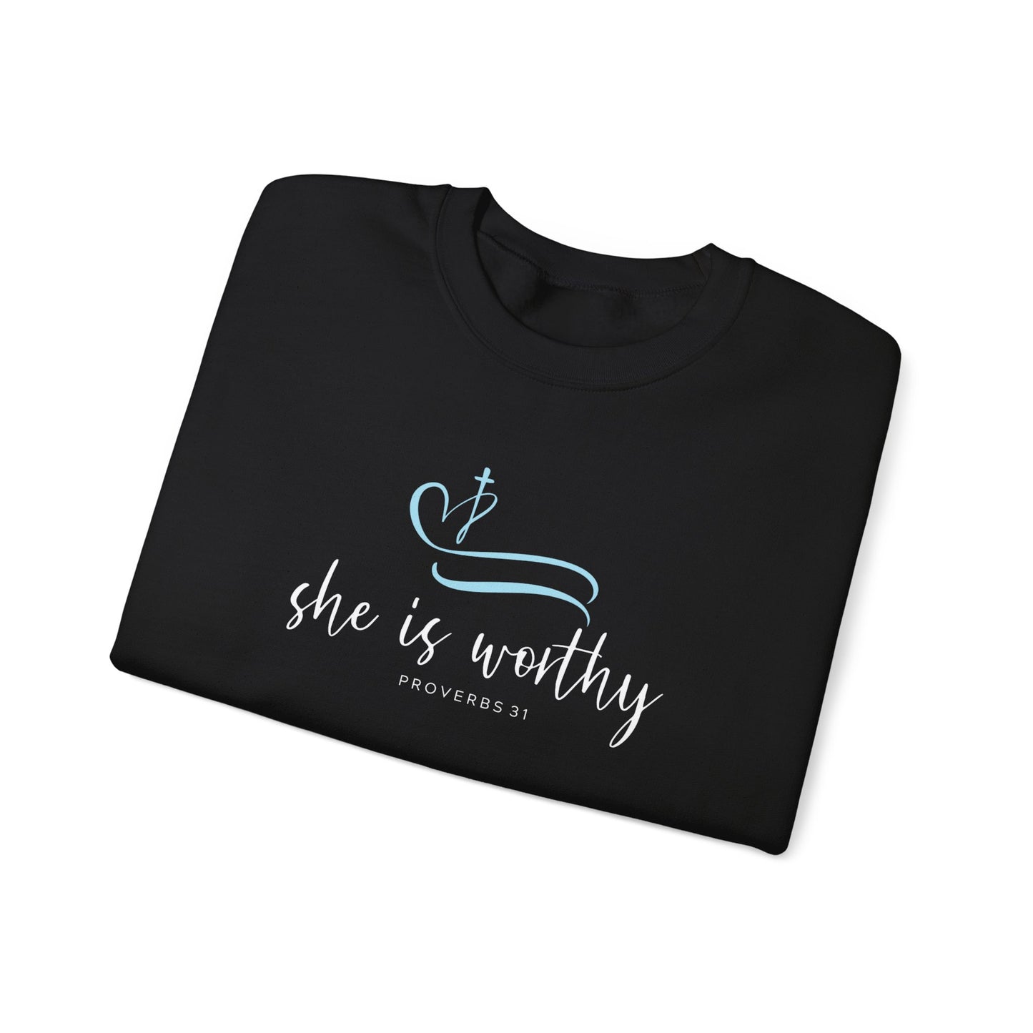 She Is Worthy Crewneck Sweatshirt — Inspirational Christian Women's Pullover