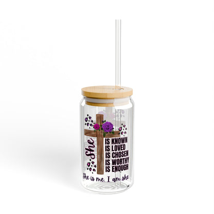 Inspirational Sipper Glass with Straw, Bible Verse Drinkware for Faith Lovers, Motivational Gift, Hydration Accessory for Home, (Pink & Purple)