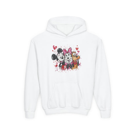 Kids Valentine's Character Crewneck Hoodie — Cute Cartoon Couple & Hearts