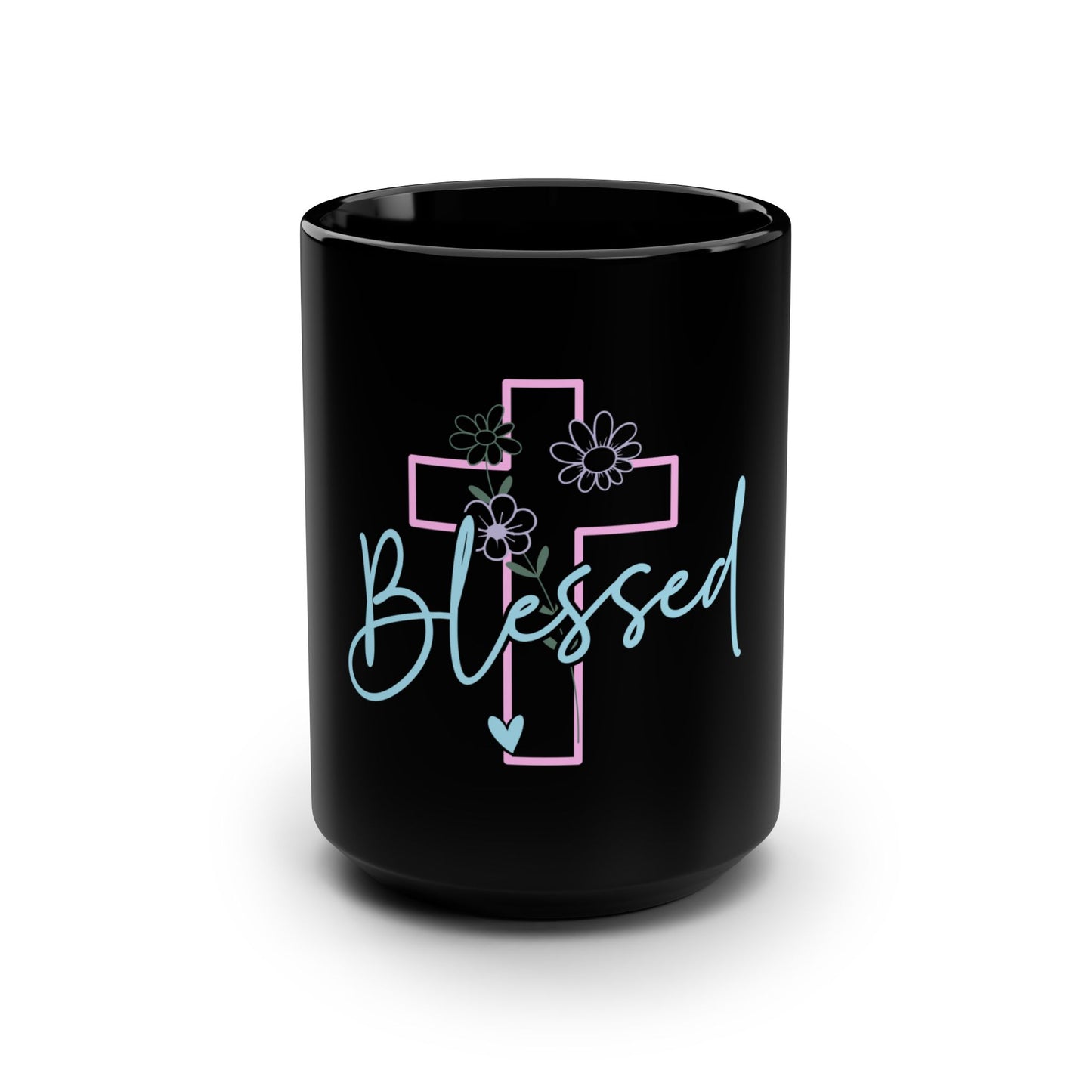 Blessed Cross Floral Black 15oz Mug — Christian Gift Coffee Cup
