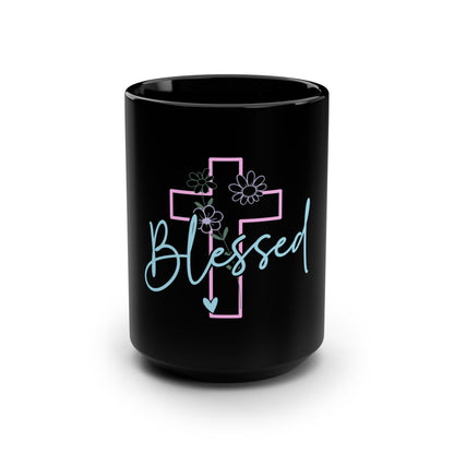 Blessed Cross Floral Black 15oz Mug — Christian Gift Coffee Cup
