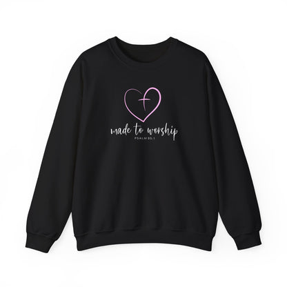 Crewneck Sweatshirt — "Made to Worship" Heart & Cross Christian Pullover