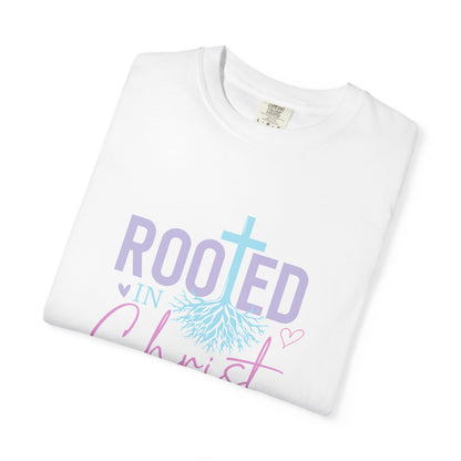 Rooted in Christ T-Shirt — Christian Faith Tee with Cross & Roots Design