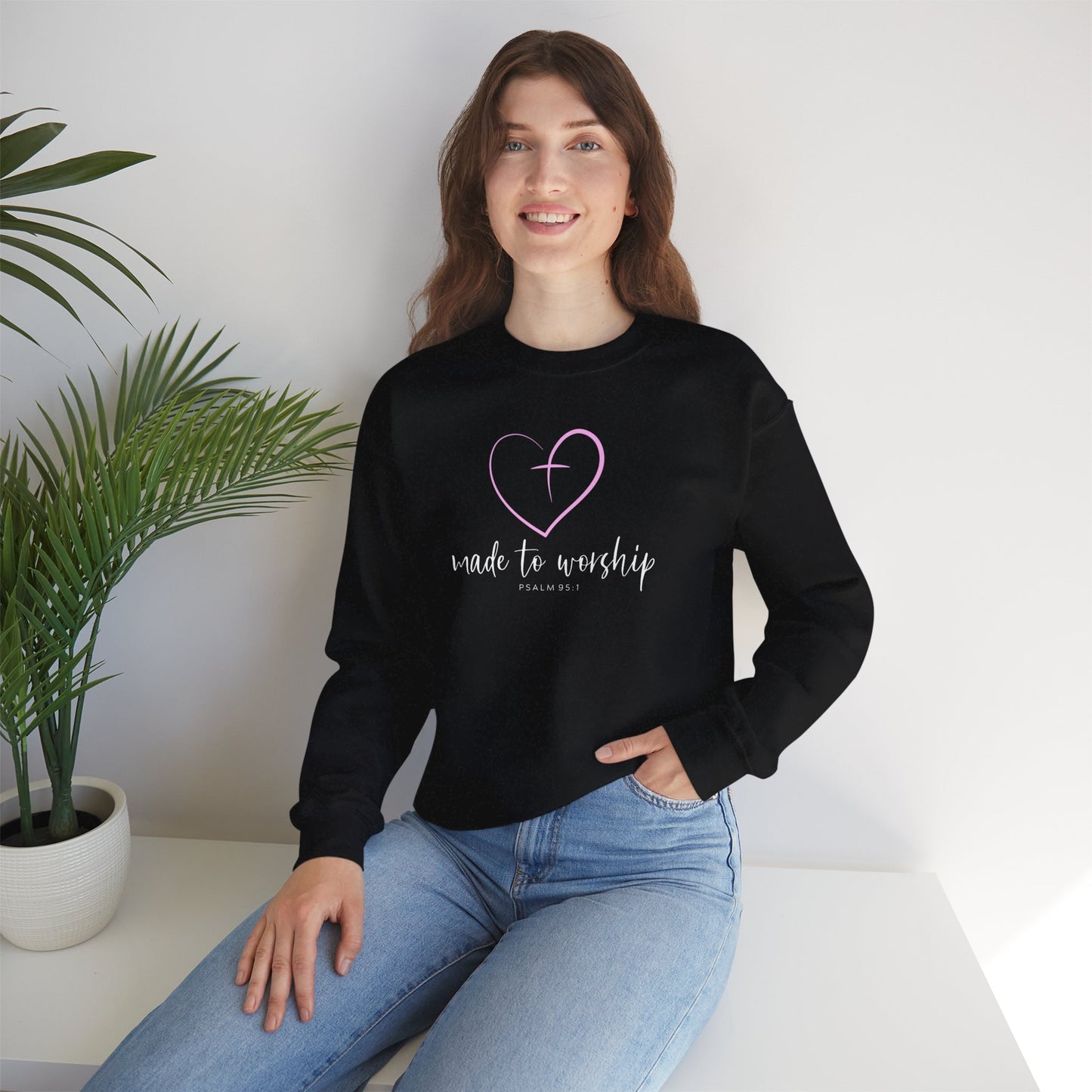 Crewneck Sweatshirt — "Made to Worship" Heart & Cross Christian Pullover