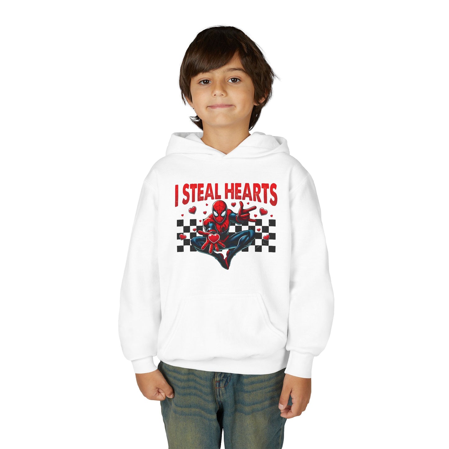 Youth Hoodie — "I Steal Hearts" Red Masked Character Graphic