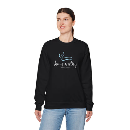 She Is Worthy Crewneck Sweatshirt — Inspirational Christian Women's Pullover