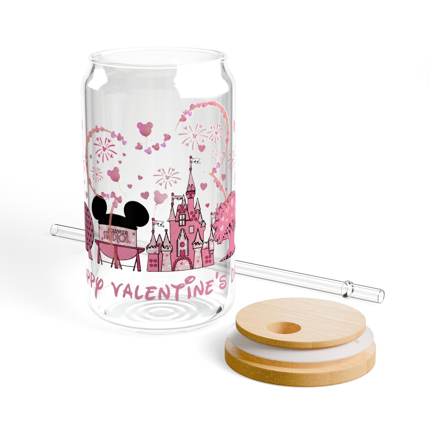 Valentine's Theme Sipper Glass - 16oz Romantic Castle & Fireworks Drink Tumbler