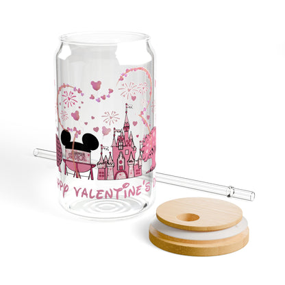 Valentine's Theme Sipper Glass - 16oz Romantic Castle & Fireworks Drink Tumbler