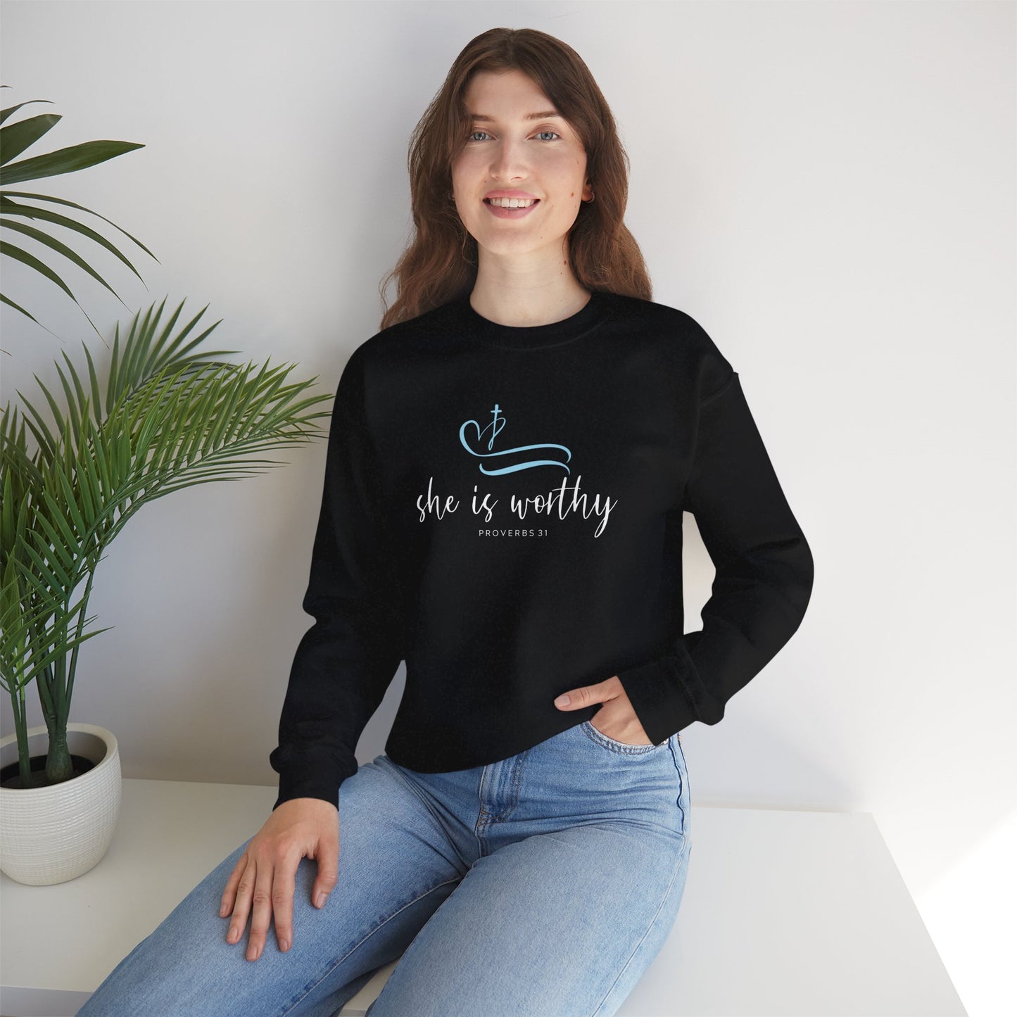 She Is Worthy Crewneck Sweatshirt — Inspirational Christian Women's Pullover