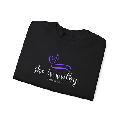 Crewneck Sweatshirt — "She Is Worthy" Inspirational Christian Pullover