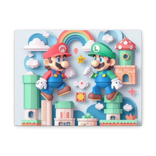 Video Game Brothers Canvas Art — Retro Scene Matte Stretched Canvas