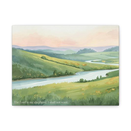 Canvas Wall Art — Serene River Landscape with 'The Lord is my shepherd; I shall not want.'