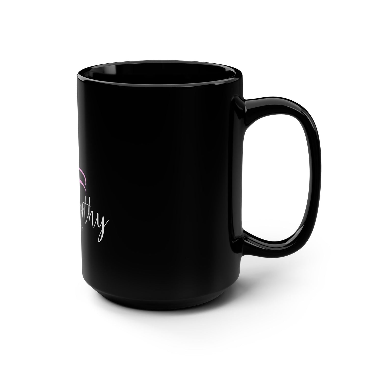 She Is Worthy Black 15oz Mug — Proverbs 31 Inspirational Christian Coffee Cup