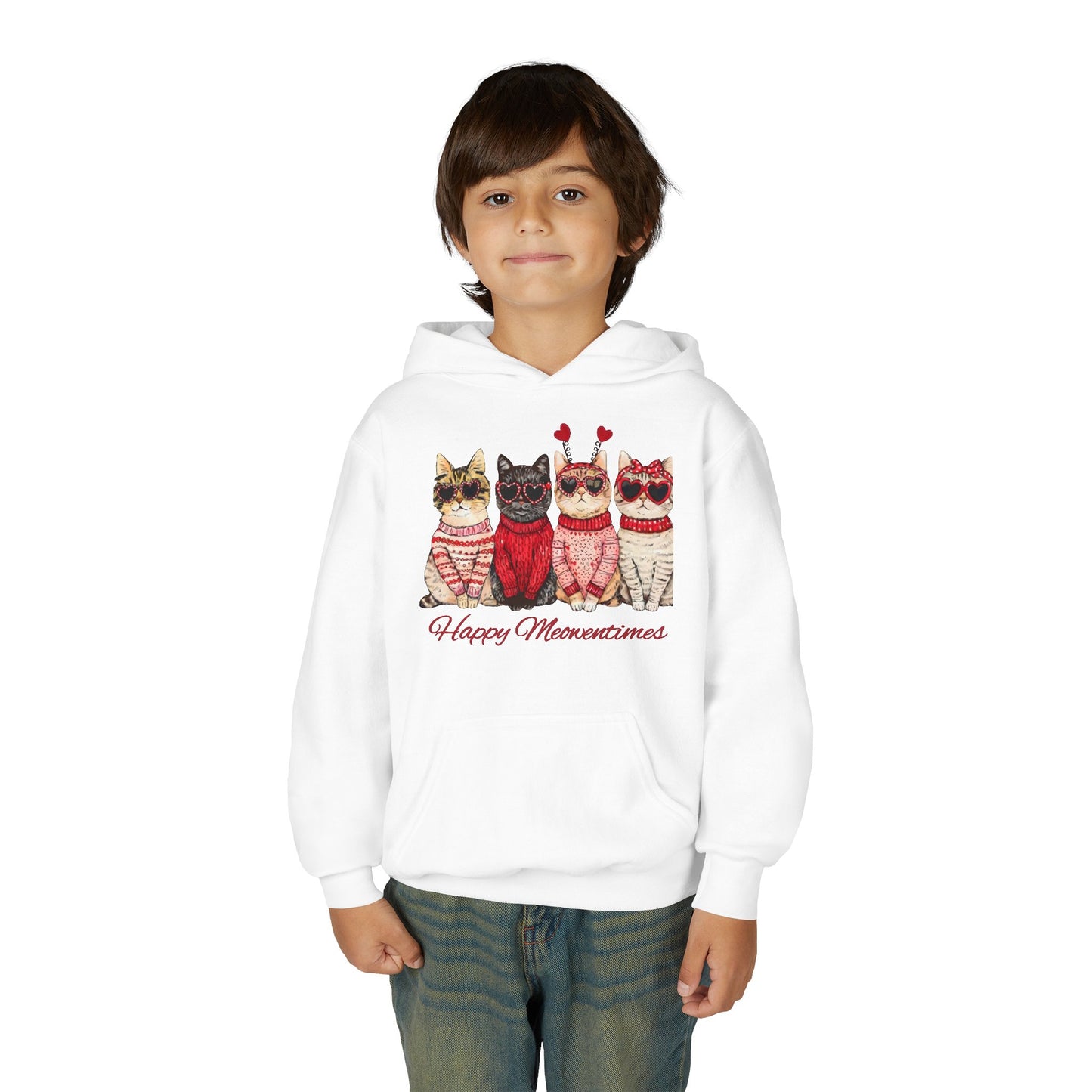 Youth Hoodie — 'Happy Meowncents' Cute Cats in Sweaters Valentine's Pullover