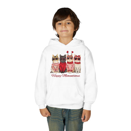 Youth Hoodie — 'Happy Meowncents' Cute Cats in Sweaters Valentine's Pullover