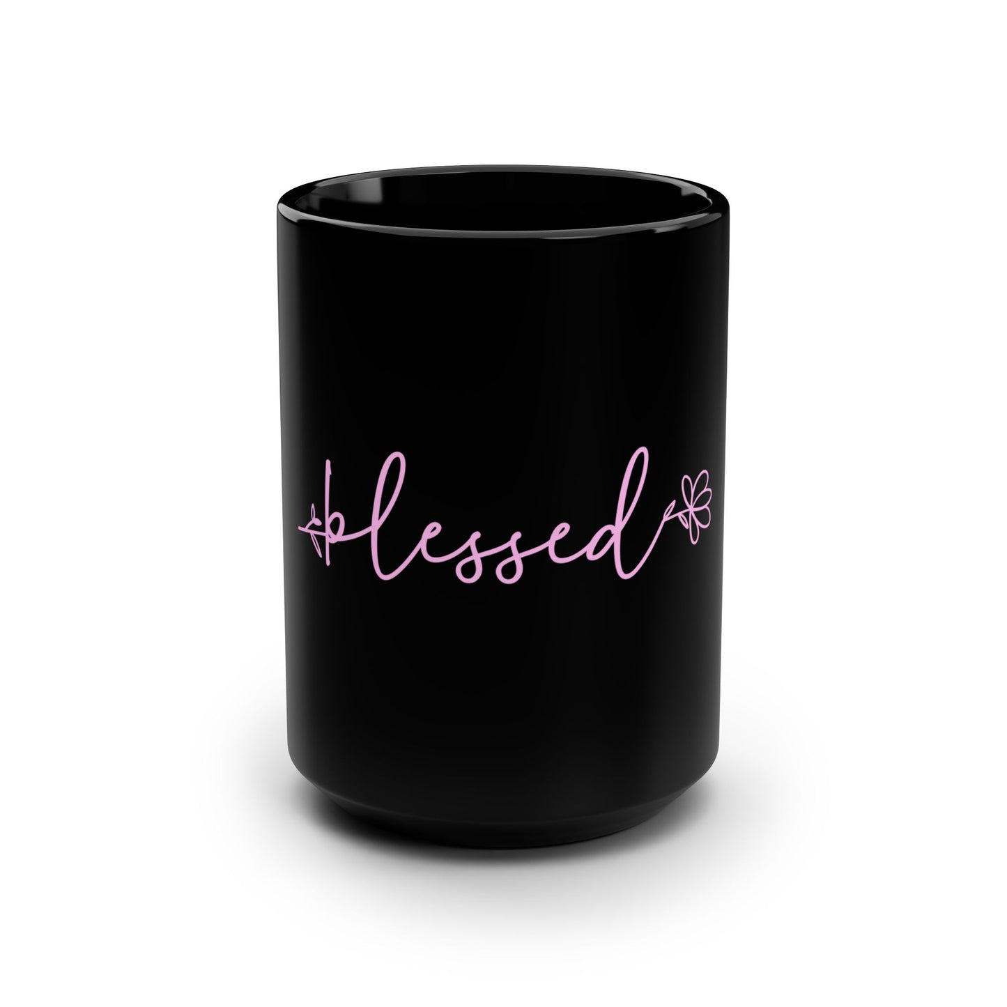 Blessed Black 15oz Mug — Pink Script Floral Coffee Cup