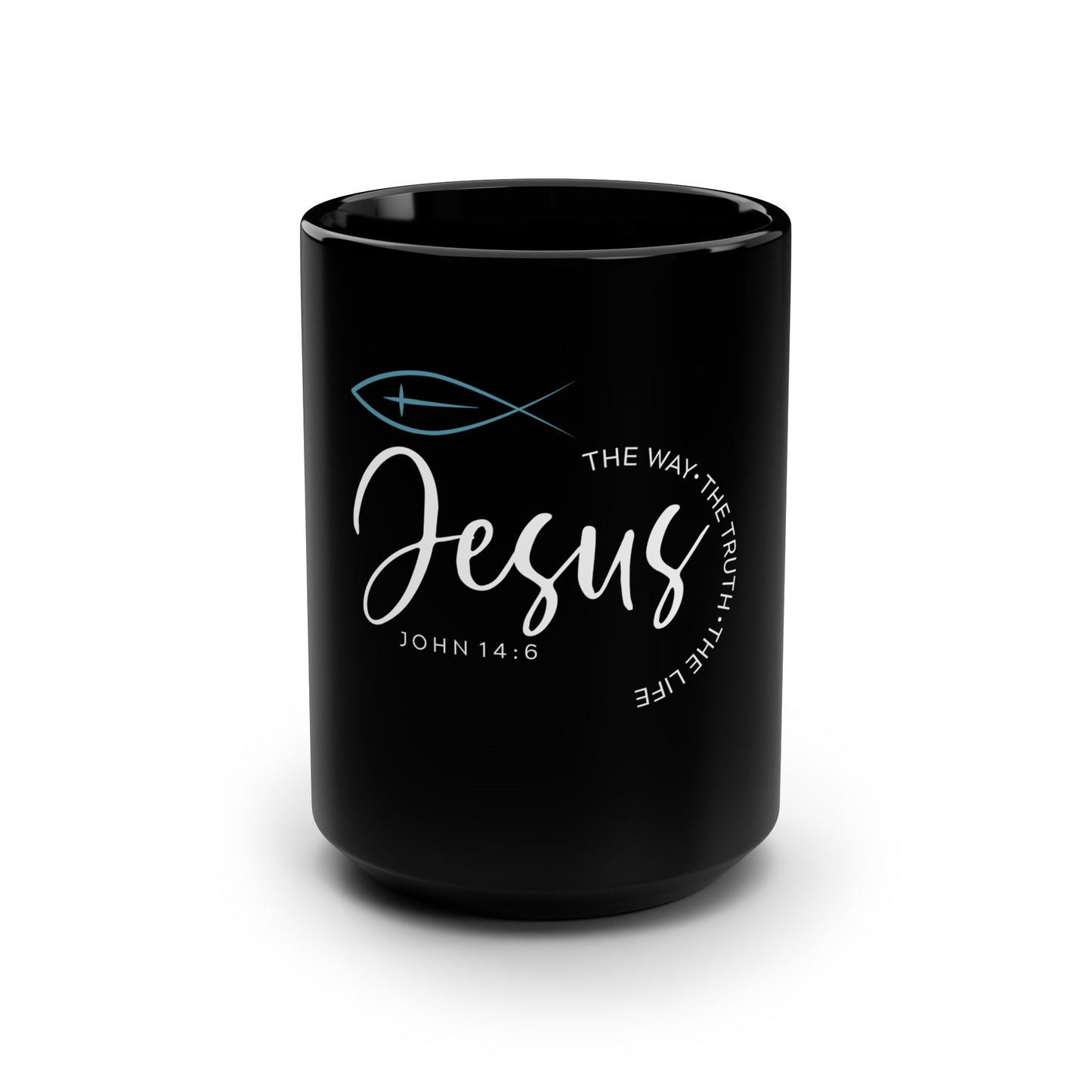 Christian Jesus Fish 15oz Black Coffee Mug – John 14:6 Inspirational Gift