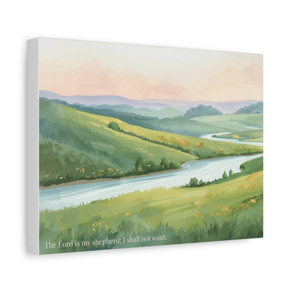Canvas Wall Art — Serene River Landscape with 'The Lord is my shepherd; I shall not want.'