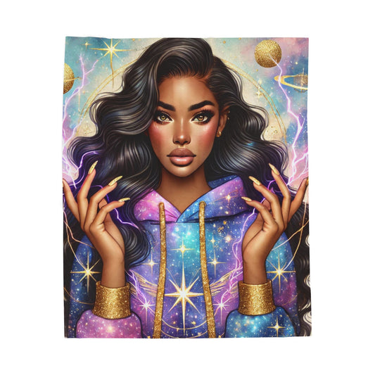 Galaxy Goddess Velveteen Plush Blanket — Afrocentric Starry Hooded Design