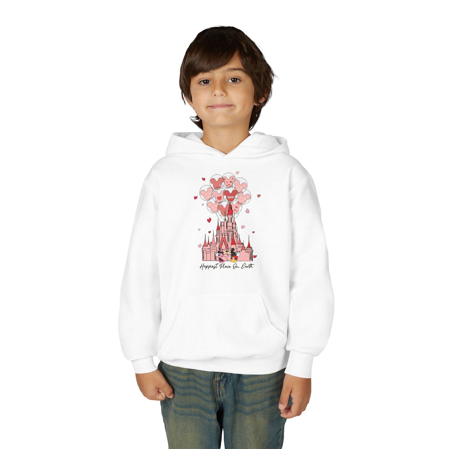 Youth Hoodie — Pink Castle with Heart Balloons Valentine Graphic