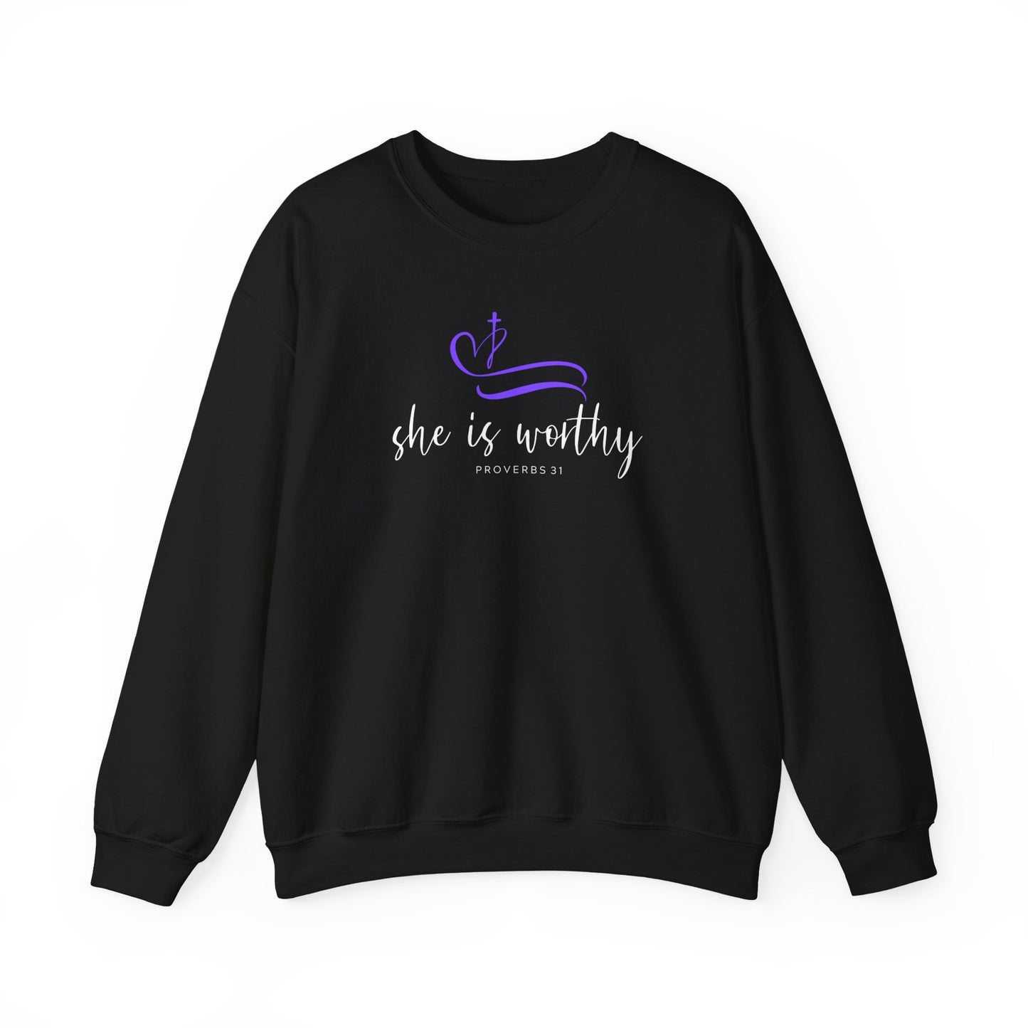 Crewneck Sweatshirt — "She Is Worthy" Inspirational Christian Pullover