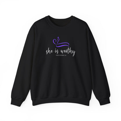 Crewneck Sweatshirt — "She Is Worthy" Inspirational Christian Pullover