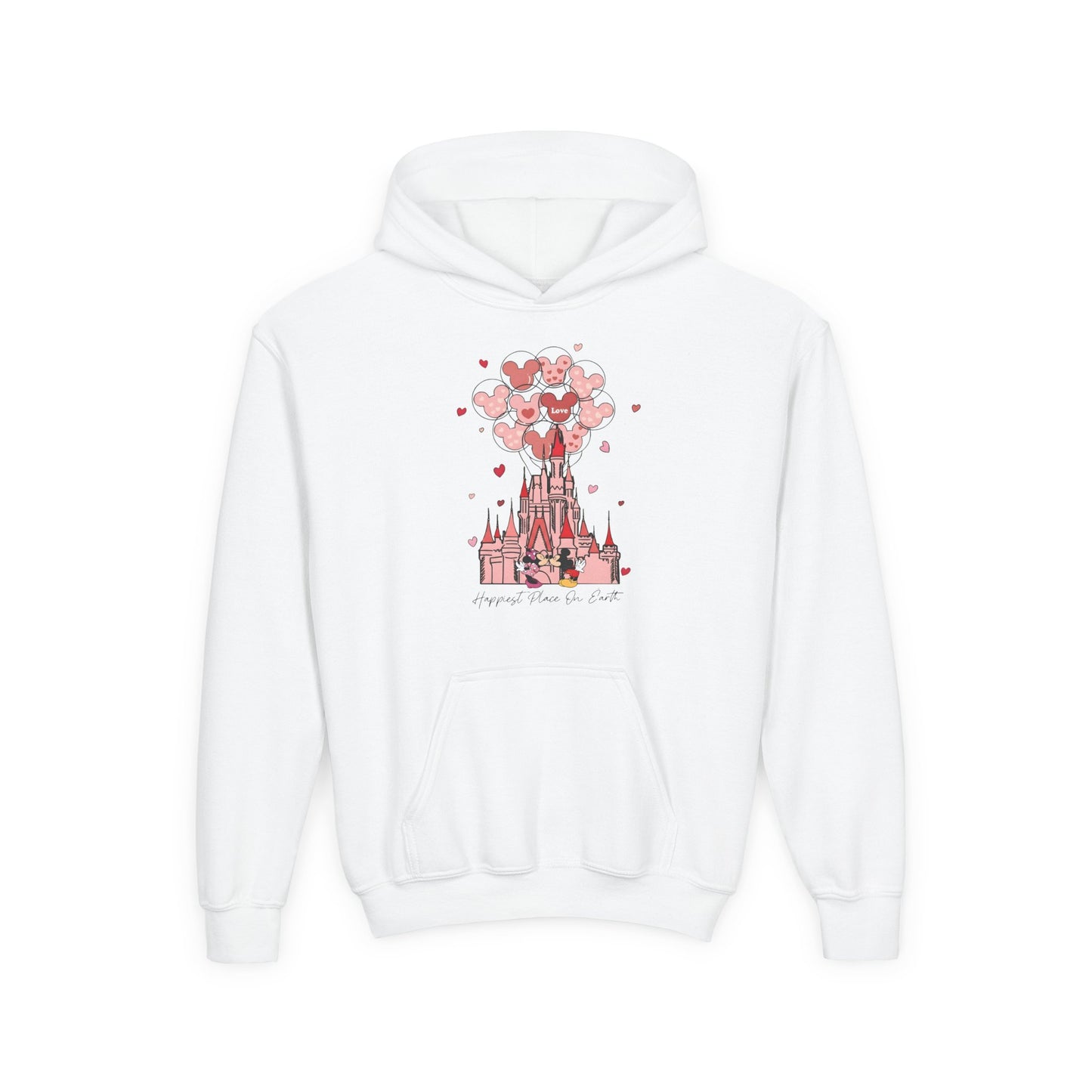 Youth Hoodie — Pink Castle with Heart Balloons Valentine Graphic