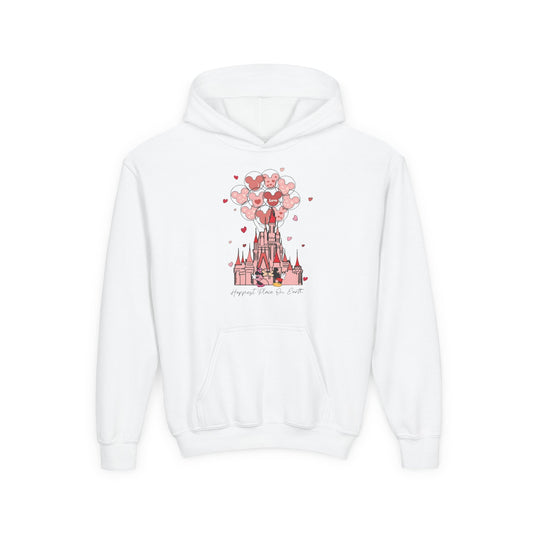 Youth Hoodie — Pink Castle with Heart Balloons Valentine Graphic