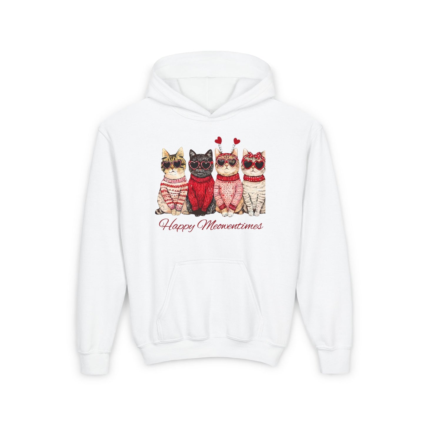 Youth Hoodie — 'Happy Meowncents' Cute Cats in Sweaters Valentine's Pullover