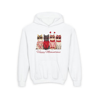 Youth Hoodie — 'Happy Meowncents' Cute Cats in Sweaters Valentine's Pullover