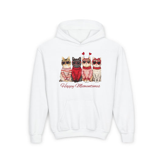 Youth Hoodie — 'Happy Meowncents' Cute Cats in Sweaters Valentine's Pullover