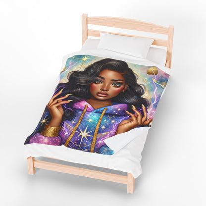 Galaxy Goddess Velveteen Plush Blanket — Afrocentric Starry Hooded Design