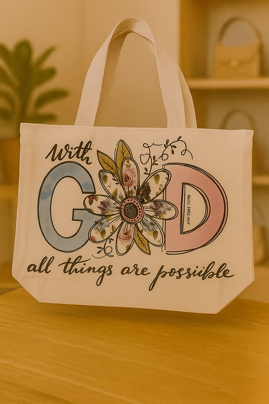 WITH GOD ALL THINGS ARE POSSIBLE  - WHT TOTE BAG - MED