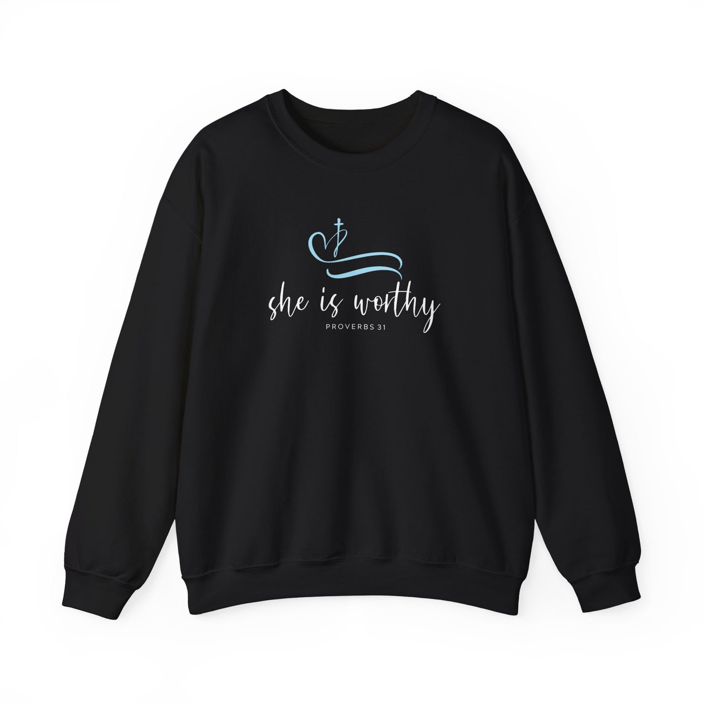 She Is Worthy Crewneck Sweatshirt — Inspirational Christian Women's Pullover
