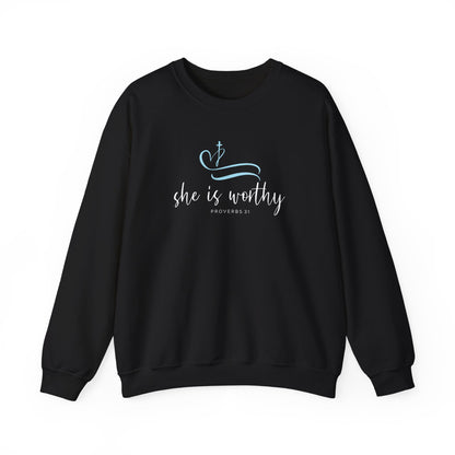 She Is Worthy Crewneck Sweatshirt — Inspirational Christian Women's Pullover