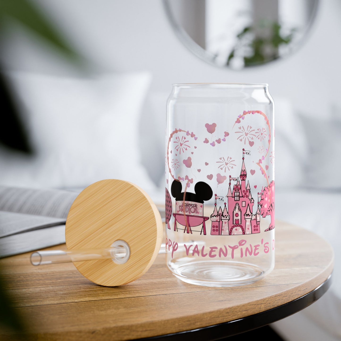 Valentine's Theme Sipper Glass - 16oz Romantic Castle & Fireworks Drink Tumbler