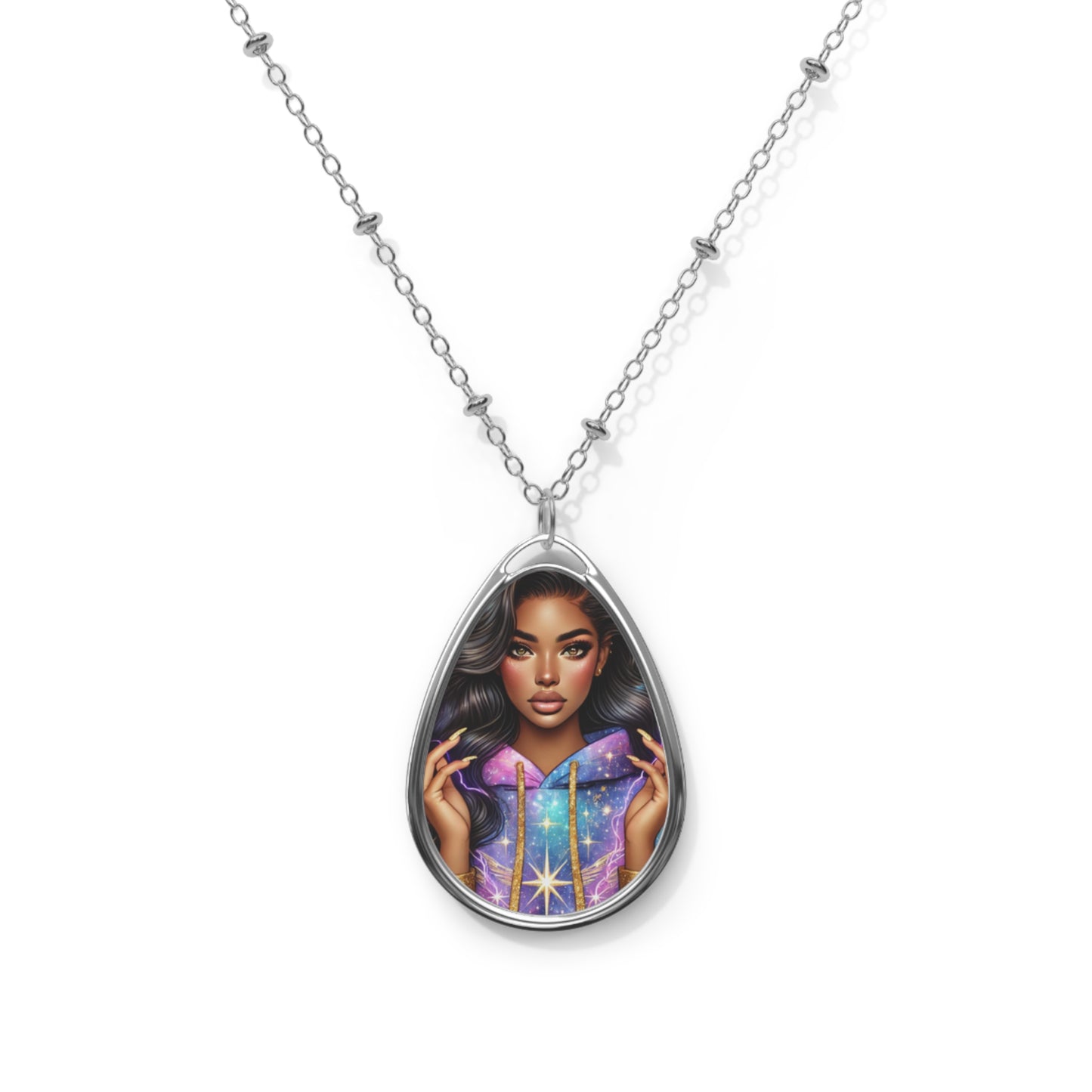 Mystic Girl Oval Necklace — Celestial Portrait Pendant