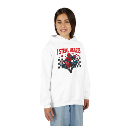 Youth Hoodie — "I Steal Hearts" Red Masked Character Graphic
